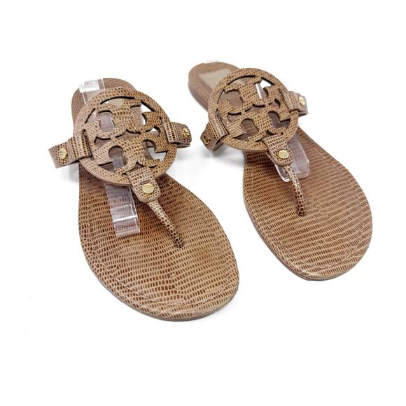 TORY BURCH Brown Tan Leather Reptile Miller Sandals Flip Flops Slides Size 10 - Picture 1 of 8